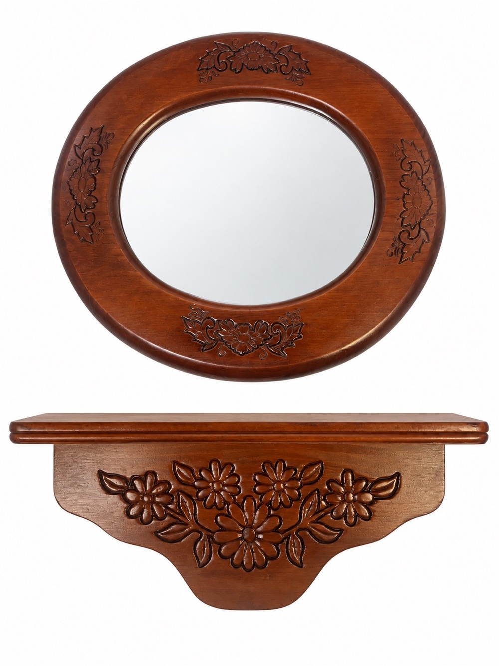 Wood Wall Mirror & Shelf Set Carved Floral Cottagecore Farmhouse Decor Vintage